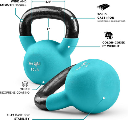 Kettlebell, 5-65 LB Neoprene Coated Cast Iron Kettlebells, Wide Grip Handle & Flat Bottom for Swings, Squats, Deadlifts, Push Ups & Full Body Training at Home Gym - Single & Set