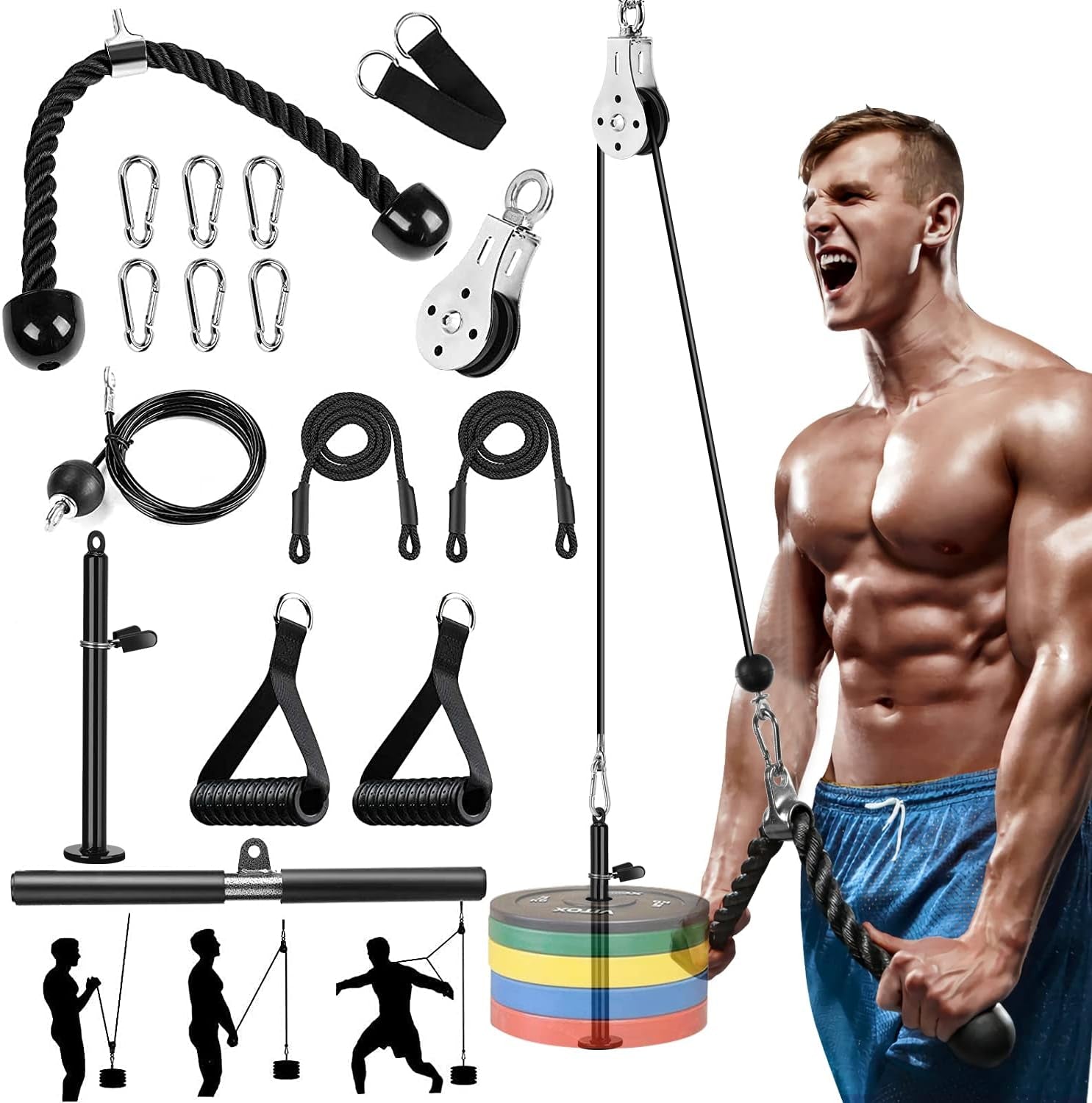 DIY Home Gym Fitness Pulley Cable Machine Attachment System, Upgrade Lat Pull down Cable Pully Attachments for Biceps Curl, Tricep, Back, Forearm, Shoulder Workouts
